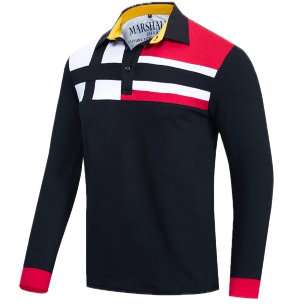 Fredd Marshall Shirt Men’s M Cotton Polo Long-Sleeve Color Block Navy Red